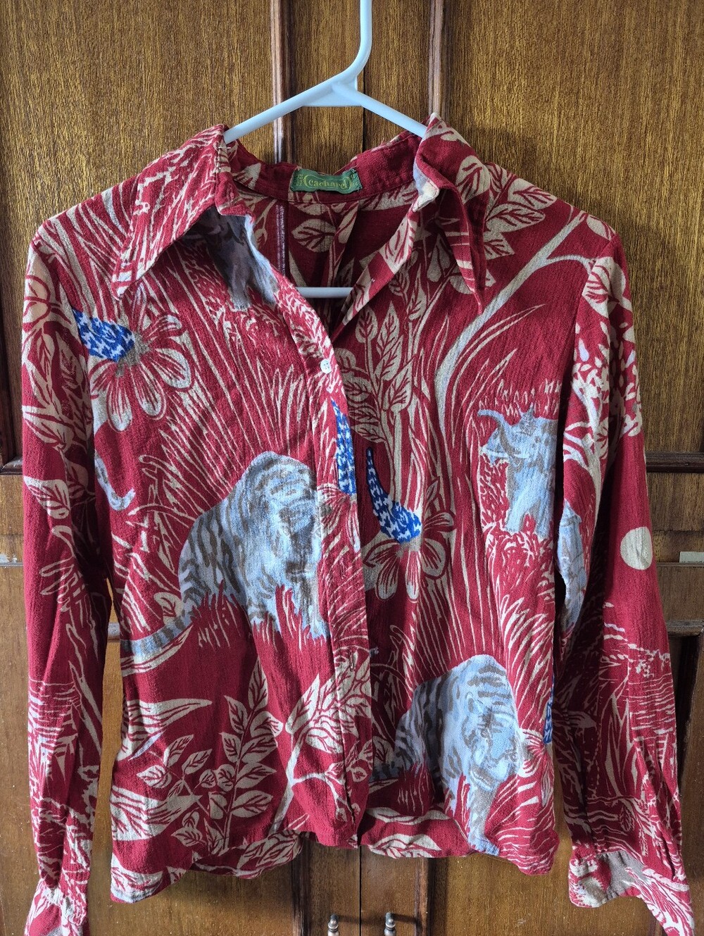 VINTAGE Red Floral Tiger Print Button-Up Blouse